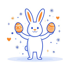 Cartoon bunny joyfully holds Easter eggs amid colorful decorations and hearts., isolated on a transparent background.