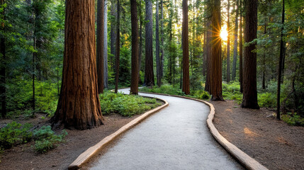 Obraz premium winding path through serene sequoia forest at sunset