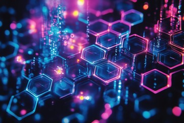 Abstract backdrop presents a network of interconnected hexagonal cells, illuminated by vibrant neon accents, symbolizing the continuous evolution of technology and digital progress 