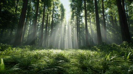 Fototapeta premium serene sequoia grove with sunlight filtering through trees, creating magical atmosphere