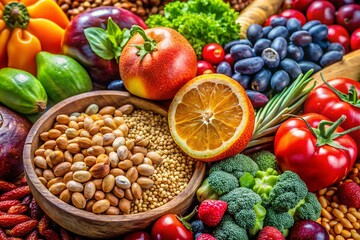 Macro Photography of Vibrant Healthy Food Ingredients: Vitamins, Minerals & Nutrients Diagram