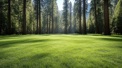 Obraz premium Lush green grass in serene grove surrounded by tall trees and sunlight