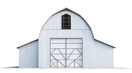 Fototapeta premium Classic Gable Barn: A pristine white gable barn stands tall, showcasing its classic design, large double doors, and a charming cupola. This image is ideal for rustic themes, agricultural projects.