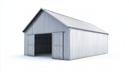 Fototapeta premium Rustic Metal Barn: A classic-style barn with corrugated metal siding and double doors stands open, ready for work or storage.