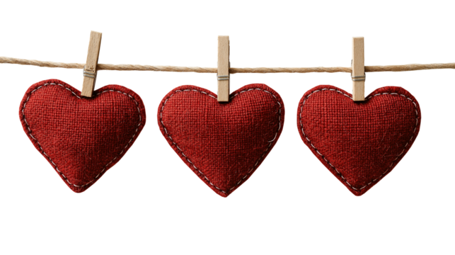 Three deep red burlap hearts hanging on rustic string image isolated transparent. Valentine garland cut out photo png. Handmade decoration cutout element object photography