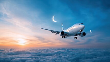 Obraz premium A serene image of an airplane soaring high above fluffy clouds during a breathtaking sunset, juxtaposed with a crescent moon illuminating the tranquil sky.