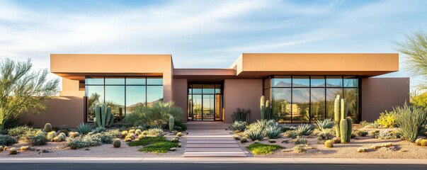 Fototapeta premium Modern desert luxury home with smooth stucco walls and large windows, surrounded by desert landscaping and cacti, showcasing serene and inviting atmosphere