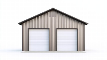Obraz premium Double Garage with Grey Siding: A detached double garage with grey metal siding and two white garage doors, offering ample storage space for vehicles and tools.