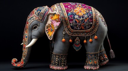 Obraz premium A plush elephant with intricate Indian embroidery and bejeweled accessories