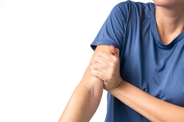 Close-up shot of a young athletic girl with a sore arm
