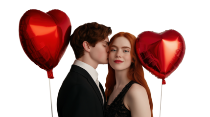 Romantic couple with red heart balloons and gentle kiss image isolated transparent. Young man in suit kissing girlfriend on cheek cut out photo png. Valentine portrait cutout photography