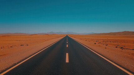 Fototapeta premium Winding Empty Highway Through Vast Barren Desert Landscape Under Clear Blue Sky