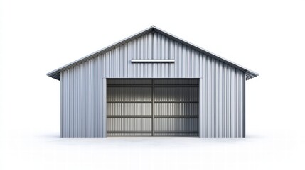 Fototapeta premium Metal Storage Shed: A sturdy, light grey metal storage shed with large double doors, perfect for various storage needs. The clean lines and simple design offer a versatile image for various projects.