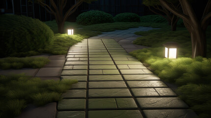 Fototapeta premium A close-up shot of a garden pathway featuring polished stone tiles