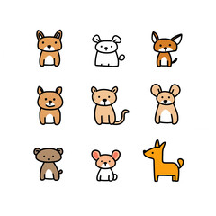 Cute and colorful cartoon animals in a playful grid arrangement., isolated on a transparent background.