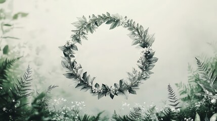 Obraz premium A botanical wreath with detailed leaves and flowers in vintage engraving style, symbolizing nature and harmony. Ideal for invitations, design, or branding projects.