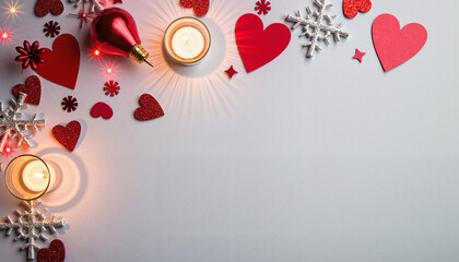 Obraz premium Valentine's Day decorations with red hearts and snowflakes, festive romance