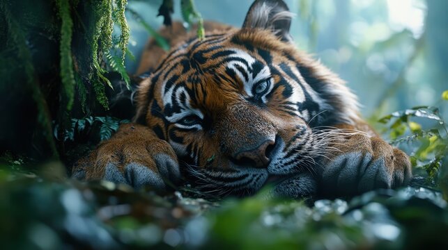 A striking tiger rests in a vibrant jungle, showcasing its beautiful fur and sharp eyes, representing the beauty and majesty of wildlife in a serene environment.