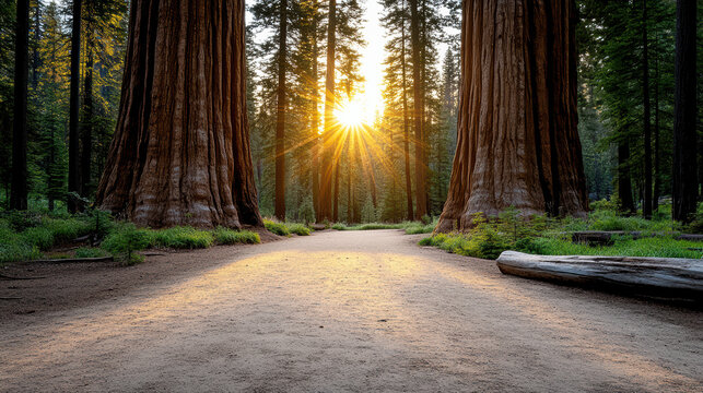majestic sequoia forest with vibrant sunset illuminating path
