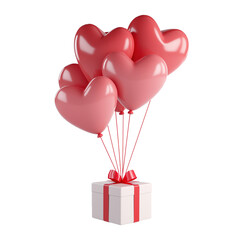 Pink heart balloons tied to present with ribbon bow image isolated transparent. February 14th giftbox cut out photo png. Romantic surprise gift box cutout element object photography