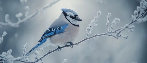 Blue Jay Bird on Snowy Branch in Winter