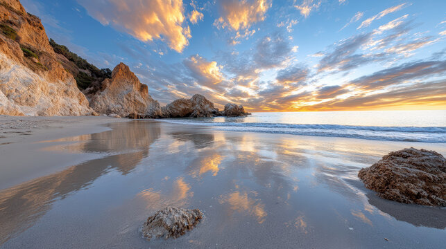 serene beach with rocky outcrops reflecting colorful sunset sky