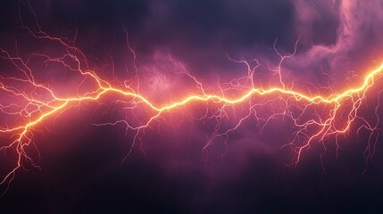 Fiery orange lightning bolt striking across a dark, stormy sky.