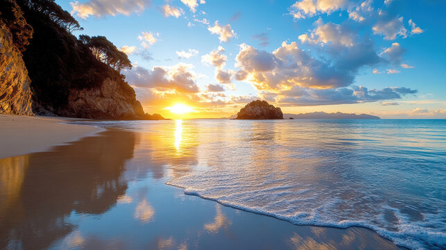 serene beach with rocky outcrop illuminated by sunset