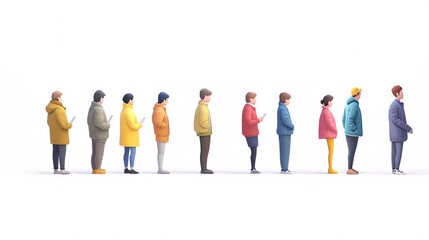 Cartoon-like illustration of a group of people standing in a queue, voting and participating in social interactions to emphasize community, participation and diversity