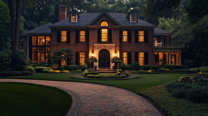 Luxurious colonial style home with large windows, surrounded by lush greenery and beautifully landscaped garden, exuding elegance and warmth at night