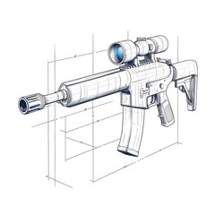 Detailed illustration of a modern rifle with scope and design layout., isolated on a transparent background.