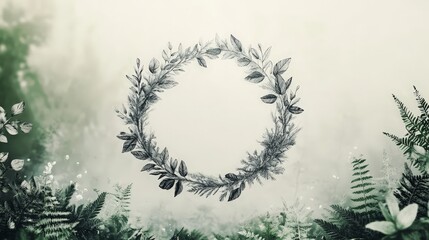Obraz premium A botanical wreath with detailed leaves and flowers in vintage engraving style, symbolizing nature and harmony. Ideal for invitations, design, or branding projects.