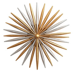 A decorative starburst wall art piece featuring alternating silver and gold spikes radiating from a central sphere, Transparent Background.