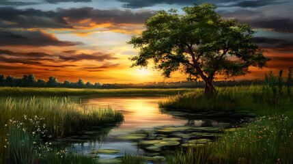 Sunset River Landscape  Serene Nature Scene