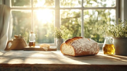 A rustic loaf of bread is resting on a table near a window, surrounded by plants, basking in natural sunlight, enhancing the inviting atmosphere of home cooking.
