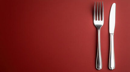 shiny silver fork and knife on rich burgundy background