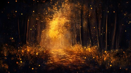 Magical Autumn Forest Path  Golden Glow  Fireflies  Night