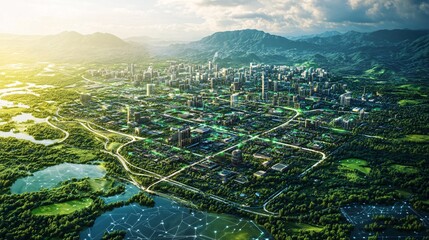 Fototapeta premium Sprawling green community with digital smart city infrastructure, smart homes, rapid data networks, and IoT concepts representing a futuristic digital society.