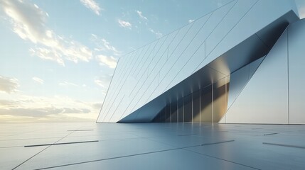 Modern Architectural Design: A sleek, minimalist architectural design with a dramatic, angular façade, set against a serene sky at sunset.