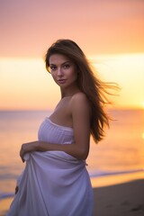 Fototapeta premium An elegant woman in a flowing dress enjoys the sunset on the beach, creating a serene silhouette