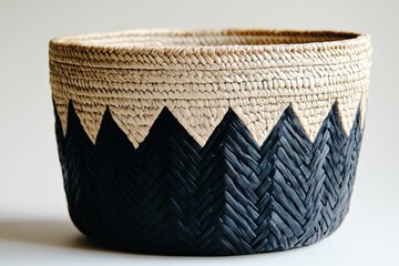 Fototapeta premium Handwoven decorative basket featuring unique black and natural patterns for home decor or storage solutions