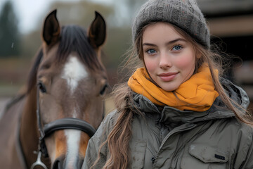 Obraz premium A young veterinarian examining a horse in a stable. An atmosphere of care and professionalism in harmony with nature