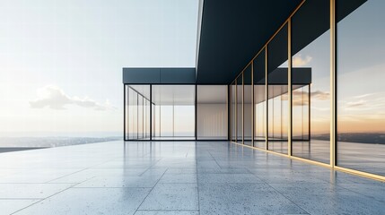 Obraz premium Modern Architecture with Sunset View: A minimalist exterior of a modern building, featuring expansive glass windows, a sleek concrete facade.
