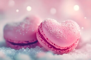 Close-up of heart-shaped raspberry macarons, perfect Valentine&rsquo;s Day treat