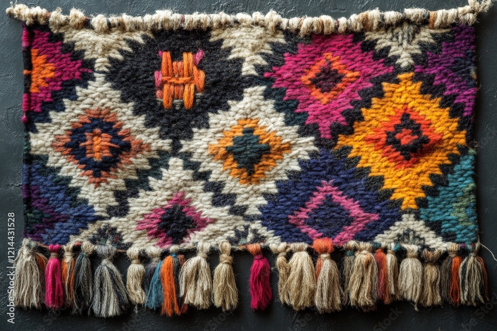 Poster colorful woven textile with geometric patterns and decorative fringe hanging on a dark surface