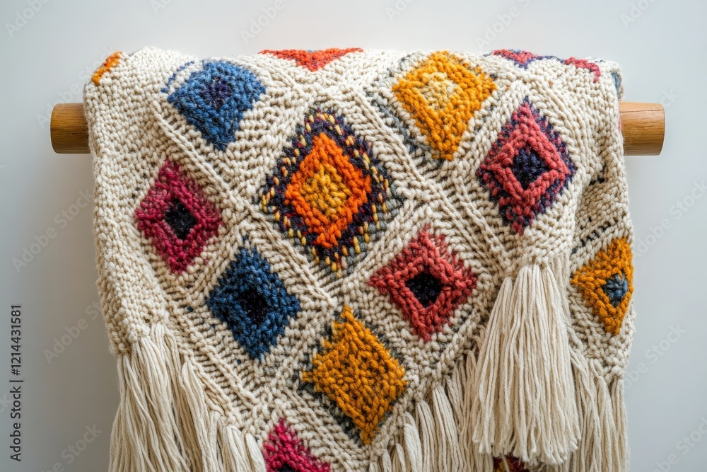 Poster cozy handmade blanket displayed on a wooden rack showcasing colorful patterns in a well-lit room