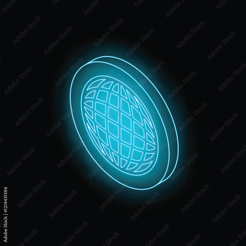 Poster neon light creating a glowing sphere with a grid pattern, representing global connections or futuris