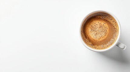 Top view espresso cup white background, morning coffee break.  Use website banner, menu