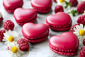 Obraz premium Close-up of heart-shaped raspberry macarons, perfect Valentine’s Day treat