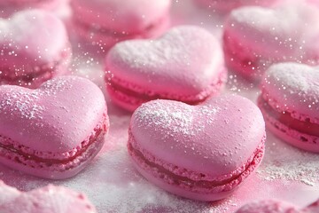 Obraz premium Close-up of heart-shaped raspberry macarons, perfect Valentine’s Day treat